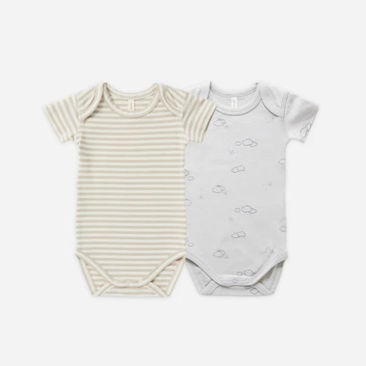 Short Sleeve Bodysuit, 2 Pack - Ash Stripe, Sunny Days