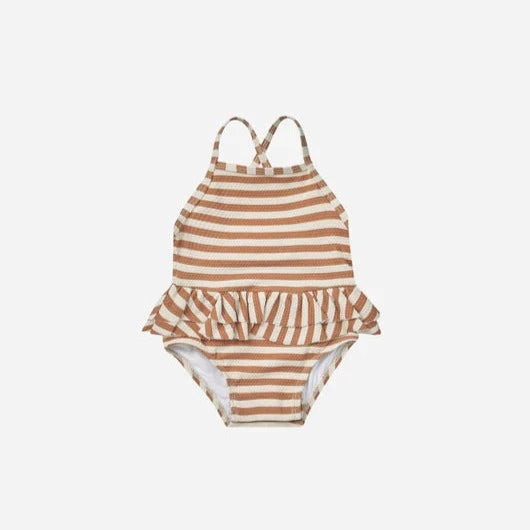 Ruffled One-Piece Swimsuit - Clay Stripe