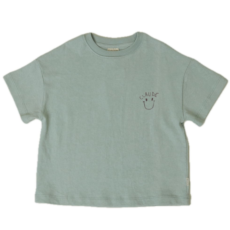 Tobi sun-bleached tee in Seagreen. Oversized with mid length sleeves. Featuring front placement smile face detail but no back print.