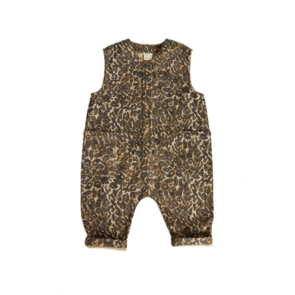 The Wren sleeveless and oversized Leopard print overall made with 100% soft organic cotton featuring tortoiseshell style buttons down to the crotch and playfully large, oversized pockets.